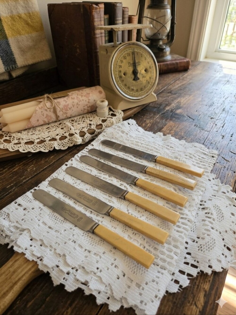Vintage Sheffield Stainless Knives Set of 6 Faux Ivory Celluloid